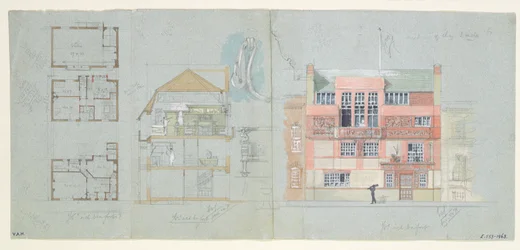Elevación frontal y sección para casa y estudio para Frank Miles, Tite Street, Chelsea, 1878-79