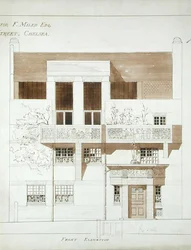 Elevación frontal del estudio y casa para Frank Miles, Tite Street, Chelsea, 1878-79