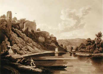 Vista del nuevo dique en el río Wye, lámina 11 de Vistas del río Wye, grabado por F. Jukes, 1800