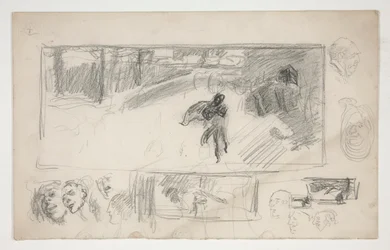 Bocetos variados (anverso); Boceto de un hombre con capa (verso)
