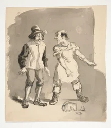 Caricatura de dos hombres y olla rota