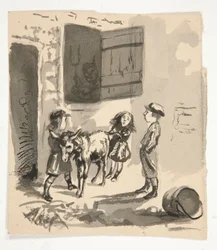 Niños con burro (anverso); Ilustración no identificada de un organillero (verso)