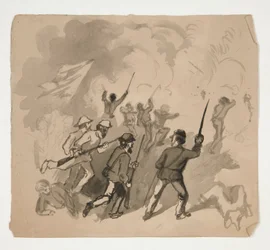Escena de batalla de la Guerra Civil (anverso); Ilustración no identificada del hombre en un bosque (verso)