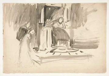Figura en el trono, flanqueada por dos figuras, boceto de una obra de Shakespeare no identificada