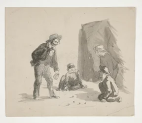 Cuatro muchachos jugando a las canicas (anverso); Ilustración no identificada de niño en caballete en interior (verso)