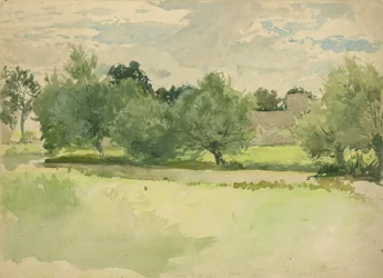 Paisaje: Prado. Iglesia de fondo