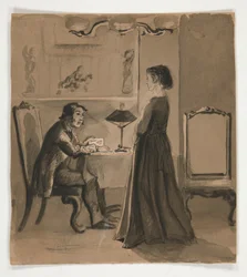 Hombre y mujer en un interior - ilustración no identificada