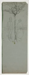 Hombre y mujer debajo de un árbol - (ilustración no identificada)