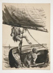 Hombre tirado por la borda por la botavara de un velero (anverso); Ilustración no identificada del niño hombre brillante