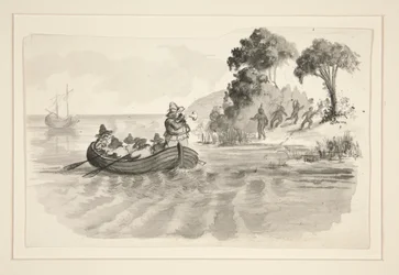 Hombres en bote de remos que huyen de los indios en la costa - ilustración no identificada (¿Colón descubriendo el Nuevo Mundo?) - exploradores que aterrizan en el Nuevo Mundo