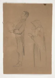 Estudios de perfil de hombre y mujer anciana (anverso); Tres bocetos de cabezas y boceto no identificado (verso)
