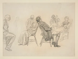 Boceto de una pareja jugando, rodeada de espectadores, en un interior (?) - ilustración no identificada