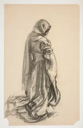 Boceto de una figura femenina arrodillada con un vestido rosa para Galahad the Deliverer, uno de los murales del Santo Grial en la Biblioteca Pública de Boston