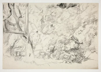 Bosquejo de un paisaje con árbol, cerca y figura femenina