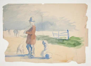 Bosquejo de un hombre, un niño y un perro - ilustración no identificada