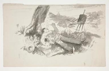 Boceto de un pintor al aire libre tomando una siesta debajo de un árbol - ilustración no identificada