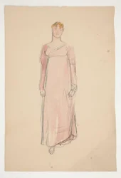 Boceto de una mujer de rosa: ¿estudio de vestuario para una obra de teatro?