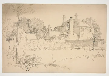 Boceto de un exterior: jardín, muro y gran casa victoriana