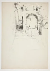 Boceto de una escalera exterior (pérgola italiana, para ilustración de libros)