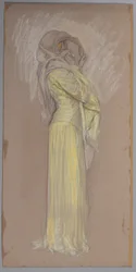 Estudio, Mujer de vestido amarillo con velo marrón sobre el rostro