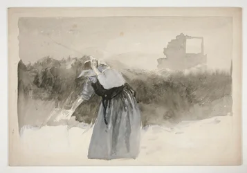 Estudio de una mujer con capó, inclinada sobre - (ilustración no identificada)