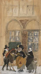 Estudio de la escena de la figura con traje holandés del siglo XVII, posiblemente Nueva Amsterdam