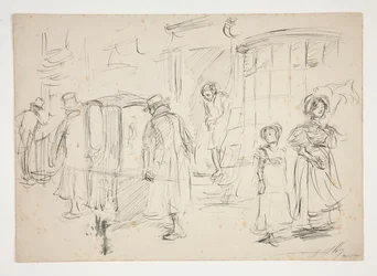 Estudio de escena callejera con silla de manos.