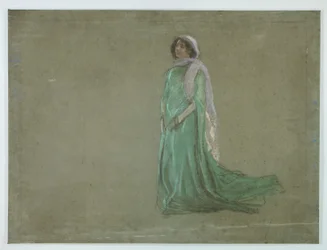 Estudio, mujer con vestido verde largo, bufanda rosa.