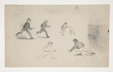 Tres estudios (hombres con caballos, estudio de cabeza) (anverso); Seis estudios de figuras que corren, estudio de un campanario (verso)