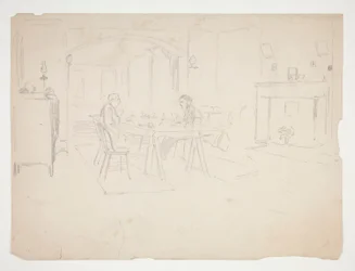 dos hombres, en la mesa, en, un, interior