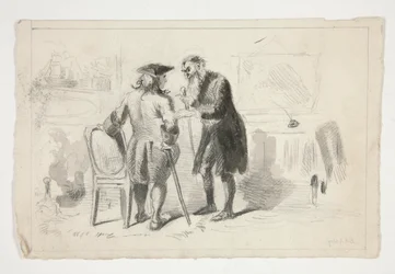 Dos hombres conversando en un interior - ilustración no identificada