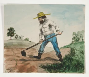 Ilustración no identificada de un hombre cavando un jardín (anverso); Estudios de tres figuras (verso)