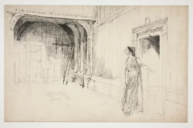 Mujer y perro en un interior - (¿ilustración no identificada para una obra de teatro?)