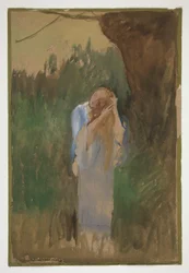 Mujer en paisaje, peinándose el pelo largo y rubio - (ilustración no identificada)