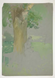 Mujer sentada debajo de un árbol, leyendo
