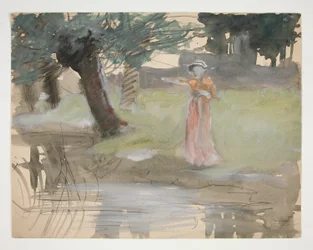 mujer estar de pie, por, un, riverbank, -, no identificado, ilustración