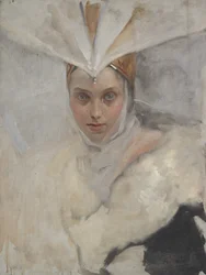 Mujer con Tocado de Águila Pescadora y Collar de Piel Blanca