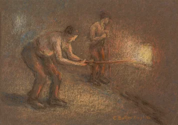 Dos fogoneros en un horno (pastel y carbón sobre papel)