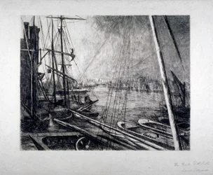 Piscina de Londres desde Rotherhithe, con barcos en primer plano, c. 1890