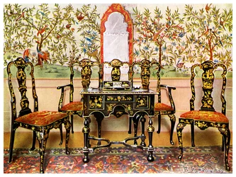 Sofá de laca negra, sillas y mesa y espejo de laca roja, 1910