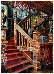Escalera de roble tallada, Godinton, 1910