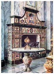 Chimenea y mesa en mosaico florentino coloreado, 1910
