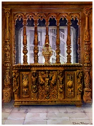 Cofre tallado o bahut de Enrique II y pantalla de roble del mismo período francés, 1910