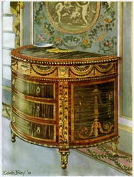 Cómoda de madera de satén con incrustaciones y monturas de bronce dorado, 1911-1912
