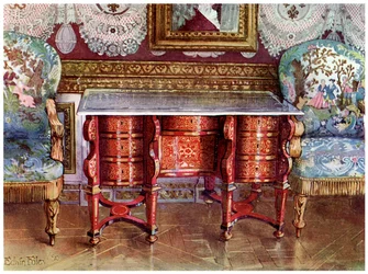 Mesa de escritura con hueco para las rodillas y sillones dorados, 1910