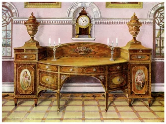 Aparador de madera satinada pintada e incrustada y reloj de soporte de caoba, 1911-1912
