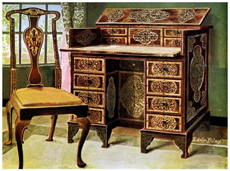 Mesa de escritura con incrustaciones de nogal, 1910