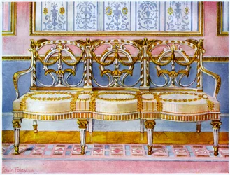 Sofá blanco dorado y pintado, influencia de Pergolesi