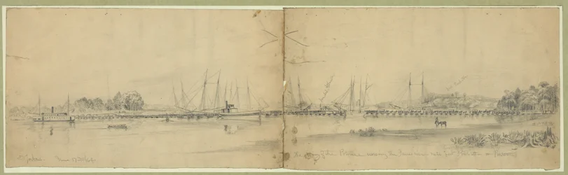 El ejército del Potomac cruzando el río James cerca de Fort Powhatan en pontones