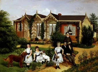 Casa de campo Alma 1874. Retrato de familia en un jardín delante de una casa de campo. Pintura de Edwin Frederick Holt (siglo XIX, hacia 1910, británico) Colección particular